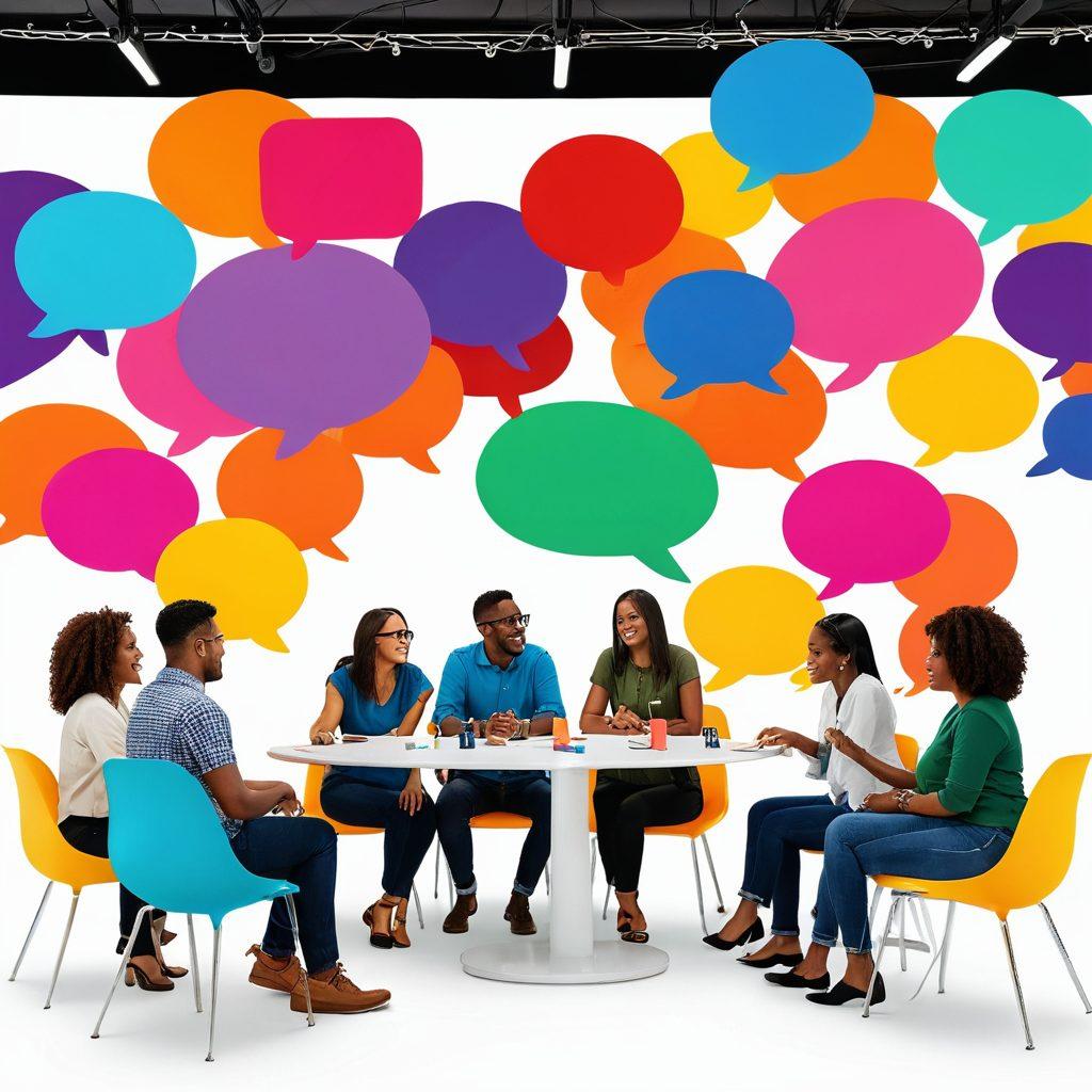 A vibrant scene showcasing diverse groups of friends collaborating, with colorful speech bubbles filled with ideas floating around. In the background, a digital platform interface displays user profiles celebrating achievements. The atmosphere is dynamic and energetic, highlighting the joy of teamwork and creativity. Set against a bright, welcoming color palette that sparks enthusiasm. super-realistic. vibrant colors. 3D.