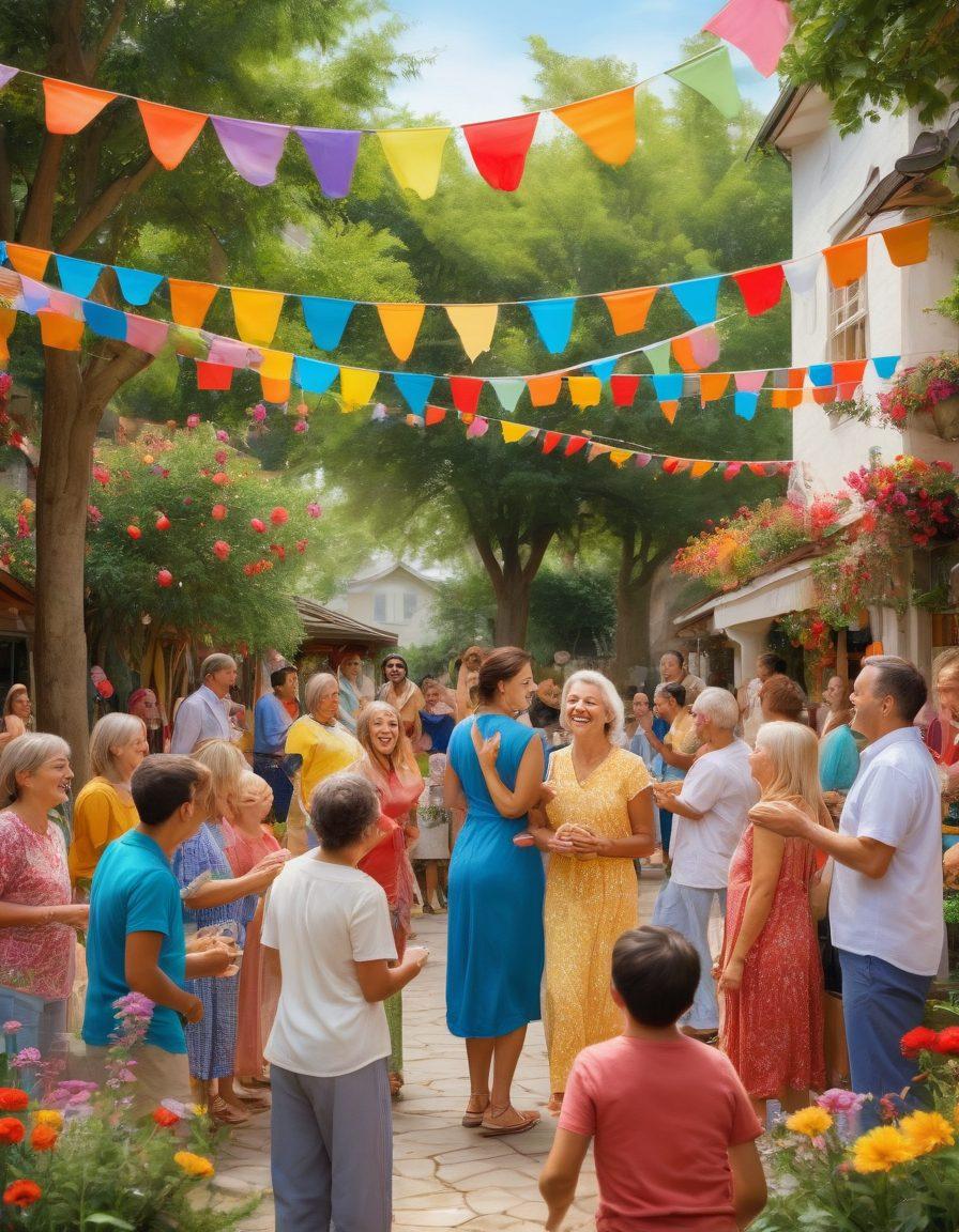 A diverse group of people of different ages and ethnicities joyfully connecting in a vibrant outdoor setting, engaging in activities like sharing stories and laughter, while colorful flags and decorations float in the background, symbolizing a global community. The scene is filled with elements of nature, such as flowers and trees, that enhance the atmosphere of joy and connection. warm colors. bright and cheerful. impressionist style.